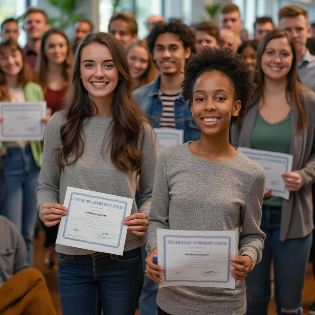 Estudiantes celebrando la finalización de un curso