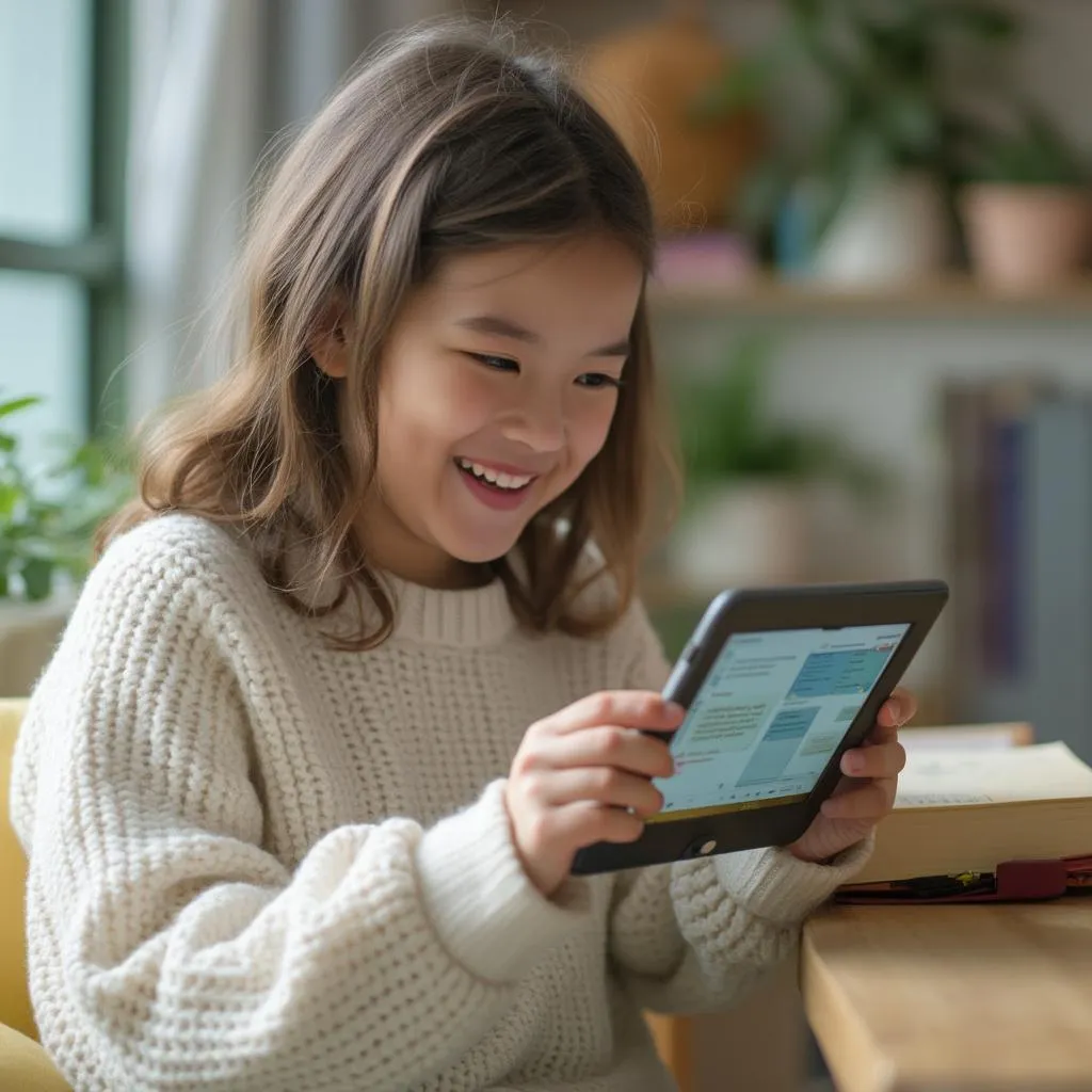 Estudiante sonriente utilizando una tablet para aprender español en un entorno moderno y luminoso